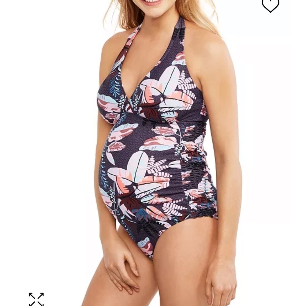 Motherhood Maternity Floral Halter One-Piece Swimsuit - Navy, Pink, White